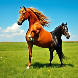 A whimsical and surreal scene showcasing a horse riding another horse, both standing in a lush green meadow under a bright blue sky