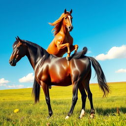 A whimsical and surreal scene showcasing a horse riding another horse, both standing in a lush green meadow under a bright blue sky
