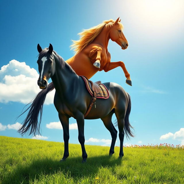 A whimsical and surreal scene showcasing a horse riding another horse, both standing in a lush green meadow under a bright blue sky