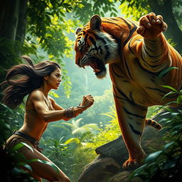 A stunning and powerful young woman engaged in an intense battle with a majestic tiger in a lush, vibrant jungle