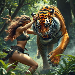 A stunning and powerful young woman engaged in an intense battle with a majestic tiger in a lush, vibrant jungle