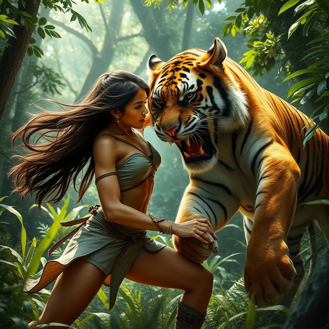 A stunning and powerful young woman engaged in an intense battle with a majestic tiger in a lush, vibrant jungle