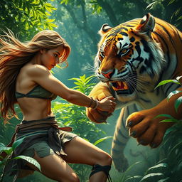 A stunning and powerful young woman engaged in an intense battle with a majestic tiger in a lush, vibrant jungle