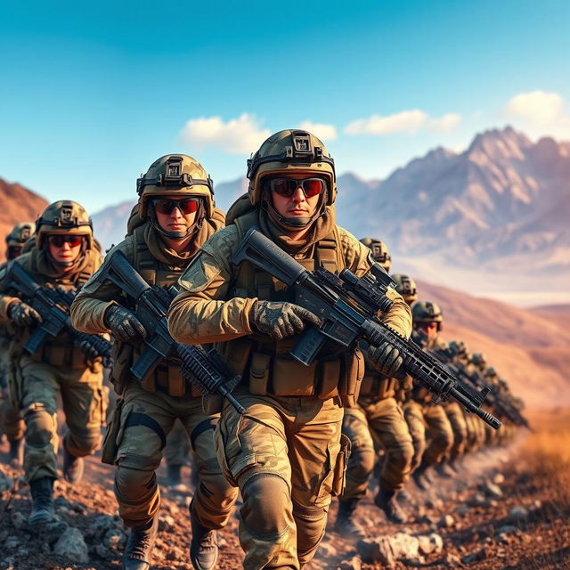 A stunning military scene depicting a battalion of soldiers in a dynamic action pose, wearing modern camouflage uniforms with tactical gear, equipped with rifles and communication devices