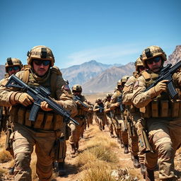 A stunning military scene depicting a battalion of soldiers in a dynamic action pose, wearing modern camouflage uniforms with tactical gear, equipped with rifles and communication devices