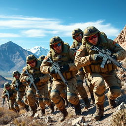 A stunning military scene depicting a battalion of soldiers in a dynamic action pose, wearing modern camouflage uniforms with tactical gear, equipped with rifles and communication devices