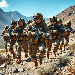 A stunning military scene depicting a battalion of soldiers in a dynamic action pose, wearing modern camouflage uniforms with tactical gear, equipped with rifles and communication devices