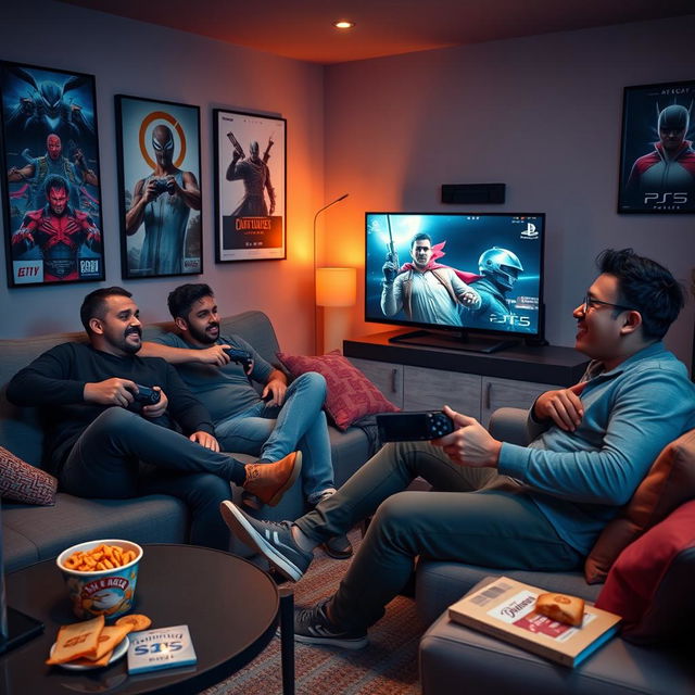 A group of five men comfortably seated in a cozy room, fully immersed in playing the PlayStation 5