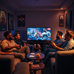 A group of five men comfortably seated in a cozy room, fully immersed in playing the PlayStation 5