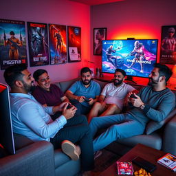 A group of five men comfortably seated in a cozy room, fully immersed in playing the PlayStation 5