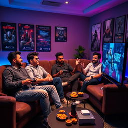 A group of five men comfortably seated in a cozy room, fully immersed in playing the PlayStation 5