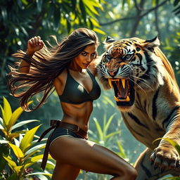 A fierce and beautiful young woman with long flowing hair, displaying a determined expression, engaged in an intense battle with a large, powerful tiger in a lush jungle setting