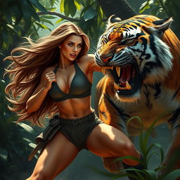 A fierce and beautiful young woman with long flowing hair, displaying a determined expression, engaged in an intense battle with a large, powerful tiger in a lush jungle setting