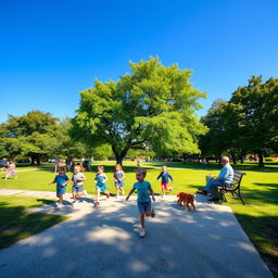 A wide shot of a sunny park in the morning