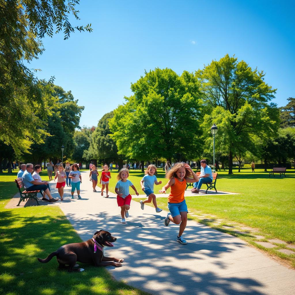 A wide shot of a sunny park in the morning