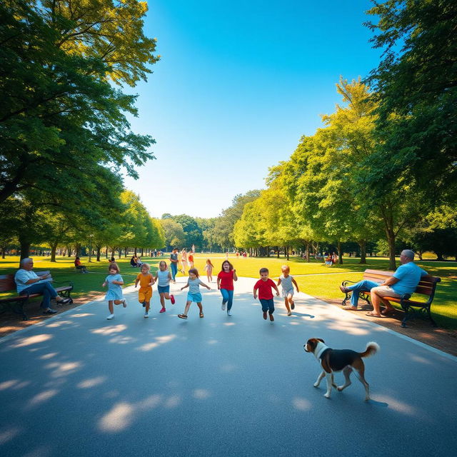 A wide shot of a sunny park in the morning