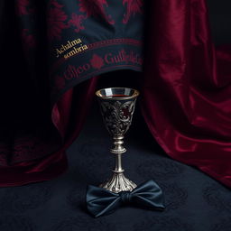 A dark, gothic cape flowing dramatically, featuring intricate designs in rich shades of red and black