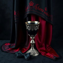 A dark, gothic cape flowing dramatically, featuring intricate designs in rich shades of red and black
