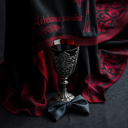 A dark, gothic cape flowing dramatically, featuring intricate designs in rich shades of red and black