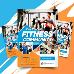 A visually appealing flyer for a fitness center featuring a dynamic design with images of diverse individuals engaging in various workouts such as weightlifting, yoga, and cardio exercises