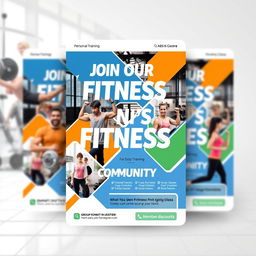 A visually appealing flyer for a fitness center featuring a dynamic design with images of diverse individuals engaging in various workouts such as weightlifting, yoga, and cardio exercises