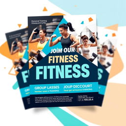 A visually appealing flyer for a fitness center featuring a dynamic design with images of diverse individuals engaging in various workouts such as weightlifting, yoga, and cardio exercises