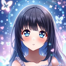 Anime girl with blue eyes that have small sparkling stars inside them, featuring shoulder-length black hair