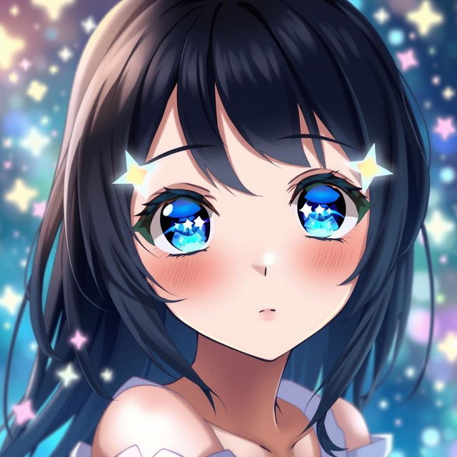 Anime girl with blue eyes that have small sparkling stars inside them, featuring shoulder-length black hair