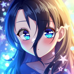 Anime girl with blue eyes that have small sparkling stars inside them, featuring shoulder-length black hair