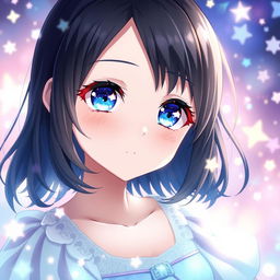 Anime girl with blue eyes that have small sparkling stars inside them, featuring shoulder-length black hair