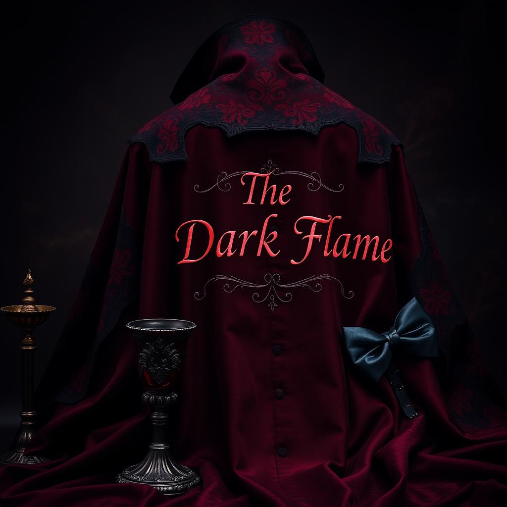 A gothic cape prominently in shades of deep red and black, featuring intricate patterns and textures