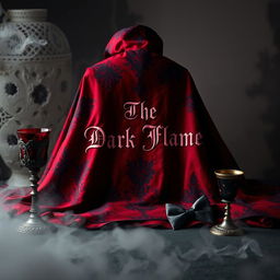 A gothic cape prominently in shades of deep red and black, featuring intricate patterns and textures