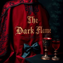 A gothic cape prominently in shades of deep red and black, featuring intricate patterns and textures