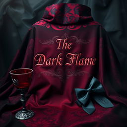 A gothic cape prominently in shades of deep red and black, featuring intricate patterns and textures