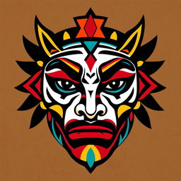 A striking tribal face design featuring bold geometric patterns and vibrant colors