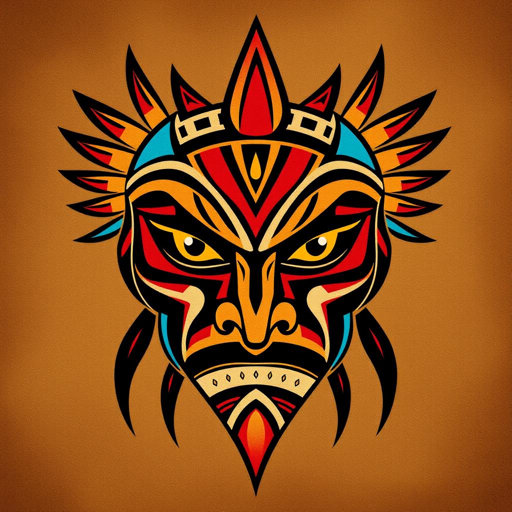 A striking tribal face design featuring bold geometric patterns and vibrant colors