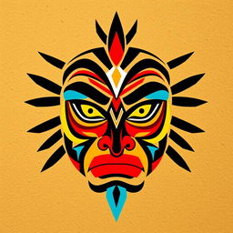 A striking tribal face design featuring bold geometric patterns and vibrant colors