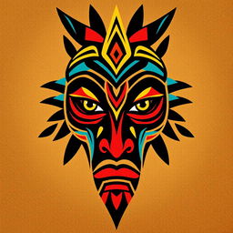 A striking tribal face design featuring bold geometric patterns and vibrant colors