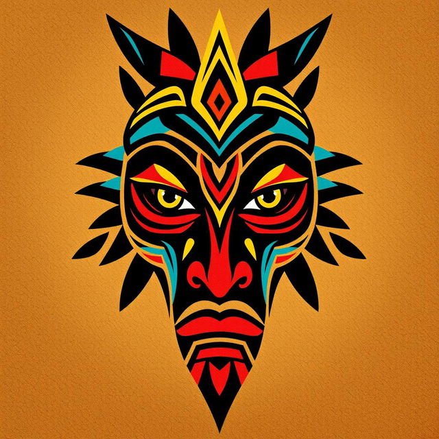 A striking tribal face design featuring bold geometric patterns and vibrant colors