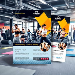 An eye-catching flyer design for a fitness center featuring personal training and group training sessions