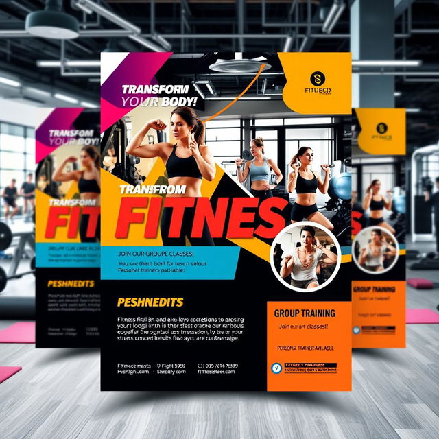 An eye-catching flyer design for a fitness center featuring personal training and group training sessions