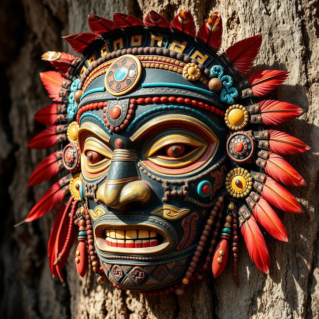 A detailed and colorful tribal face mask intricately designed with various symbols and patterns