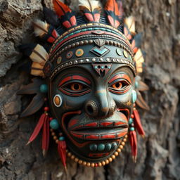 A detailed and colorful tribal face mask intricately designed with various symbols and patterns