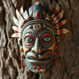A detailed and colorful tribal face mask intricately designed with various symbols and patterns