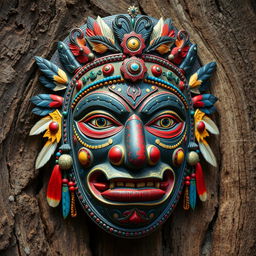 A detailed and colorful tribal face mask intricately designed with various symbols and patterns