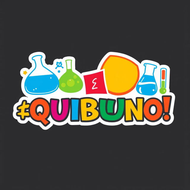 Create a logo for a game titled ¡QUIBUNO!, designed similarly to the classic UNO card game while integrating elements of chemistry