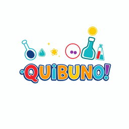 Create a logo for a game titled ¡QUIBUNO!, designed similarly to the classic UNO card game while integrating elements of chemistry