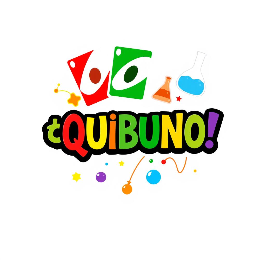 Create a logo for a game titled ¡QUIBUNO!, designed similarly to the classic UNO card game while integrating elements of chemistry