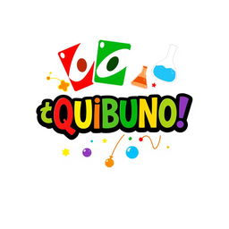 Create a logo for a game titled ¡QUIBUNO!, designed similarly to the classic UNO card game while integrating elements of chemistry