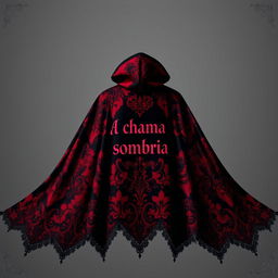 A gothic cape beautifully crafted in rich shades of deep red and black, featuring elaborate patterns that exude an air of mystery